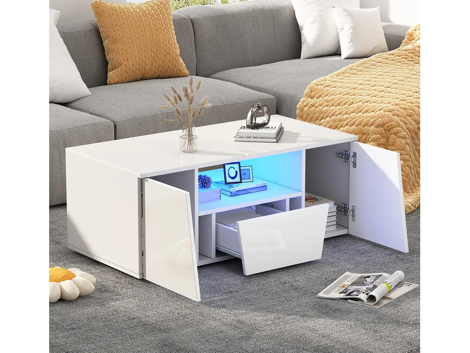 Clearance Mesa de centro branca com 2 portas e 1 gaveta - Tampo brilhante e iluminação LED - Design irregular Branco