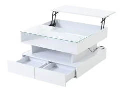 Mesa de centro branca com iluminação LED - Mesa de centro com 2 gavetas e tampo elevável - arrumação aberta^ Mesa De Centro