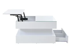 Mesa de centro branca com iluminação LED - Mesa de centro com 2 gavetas e tampo elevável - arrumação aberta^ Mesa De Centro
