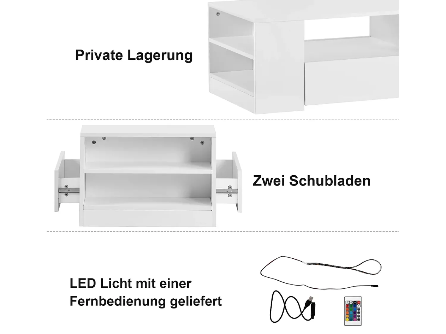 Mesa de centro branca com faixa LED - 2 gavetas e 2 prateleiras - Estilo escandinavo - brilhante - 95 x 53 x 37cm^ Mesa De Centro