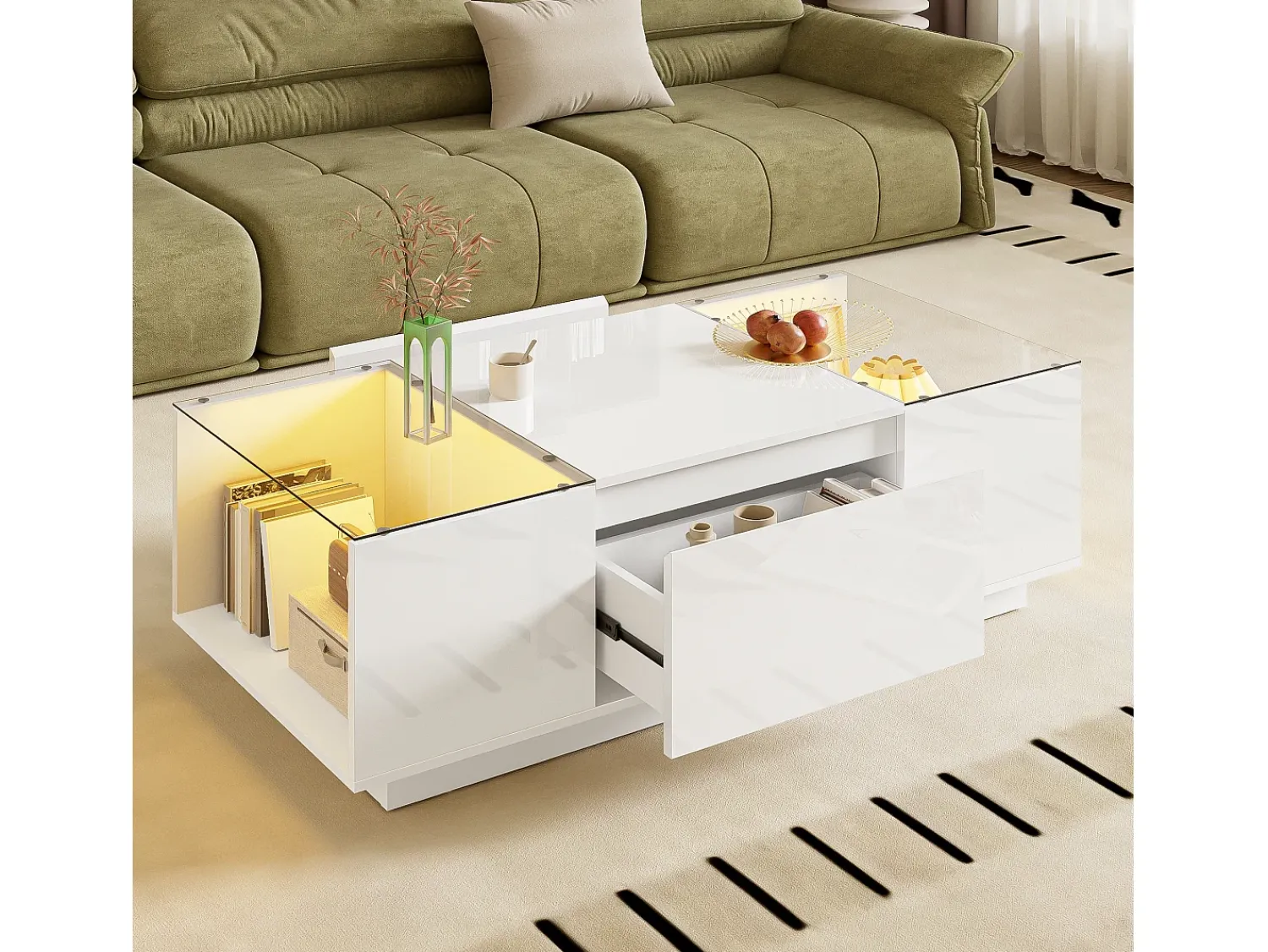 Mesa De Centro|Hauss Spole Mesa de centro branca com 2 gavetas, iluminação LED e tampo em vidro 105x50x35cm Branco