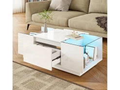 Mesa De Centro|Hauss Spole Mesa de centro branca com 2 gavetas, iluminação LED e tampo em vidro 105x50x35cm Branco