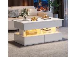 New Mesa de centro branca com iluminação LED - Mesa de centro com tampo regulável em altura e 2 gavetas - arrumação oculta Branco