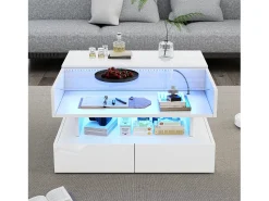 Online Hauss Spole Mesa de centro branca elevável com 2 gavetas, iluminação LED e arrumação, tampo em vidro semi-temperado Branco