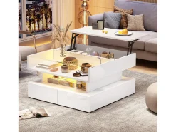 Online Hauss Spole Mesa de centro branca elevável com 2 gavetas, iluminação LED e arrumação, tampo em vidro semi-temperado Branco