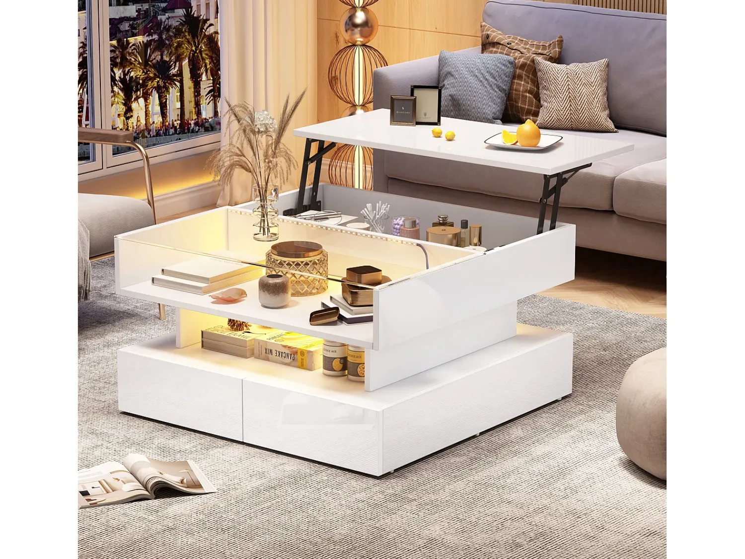Online Hauss Spole Mesa de centro branca elevável com 2 gavetas, iluminação LED e arrumação, tampo em vidro semi-temperado Branco