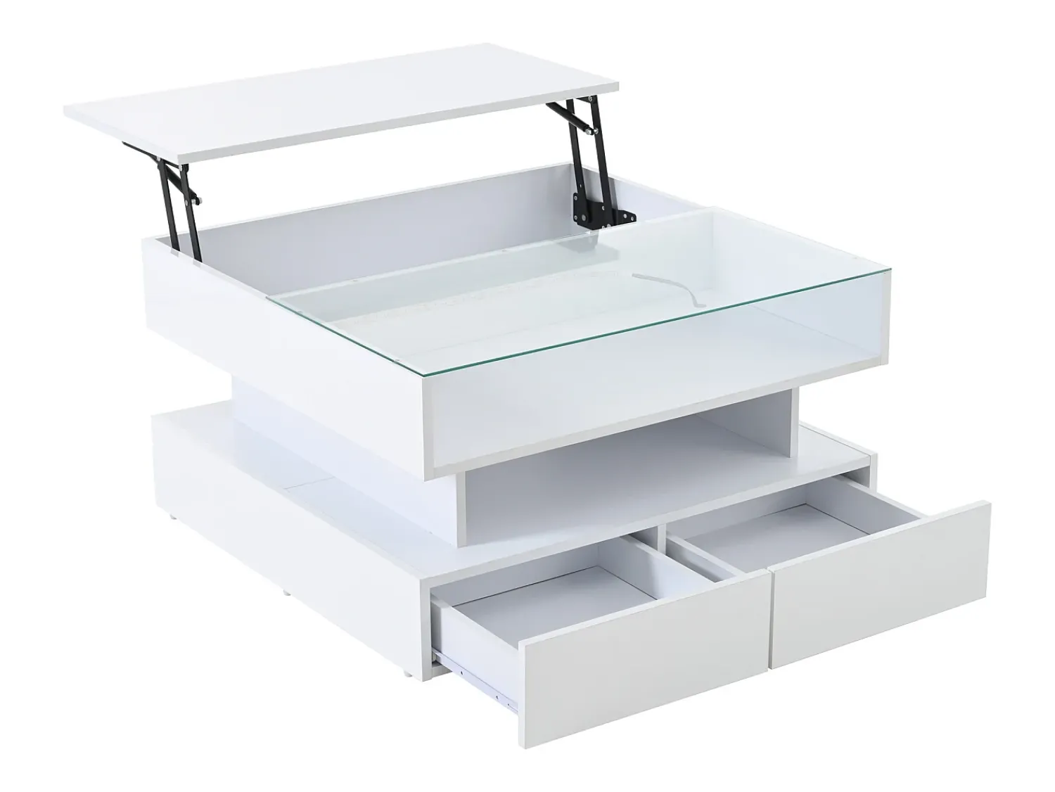 Online Hauss Spole Mesa de centro branca elevável com 2 gavetas, iluminação LED e arrumação, tampo em vidro semi-temperado Branco