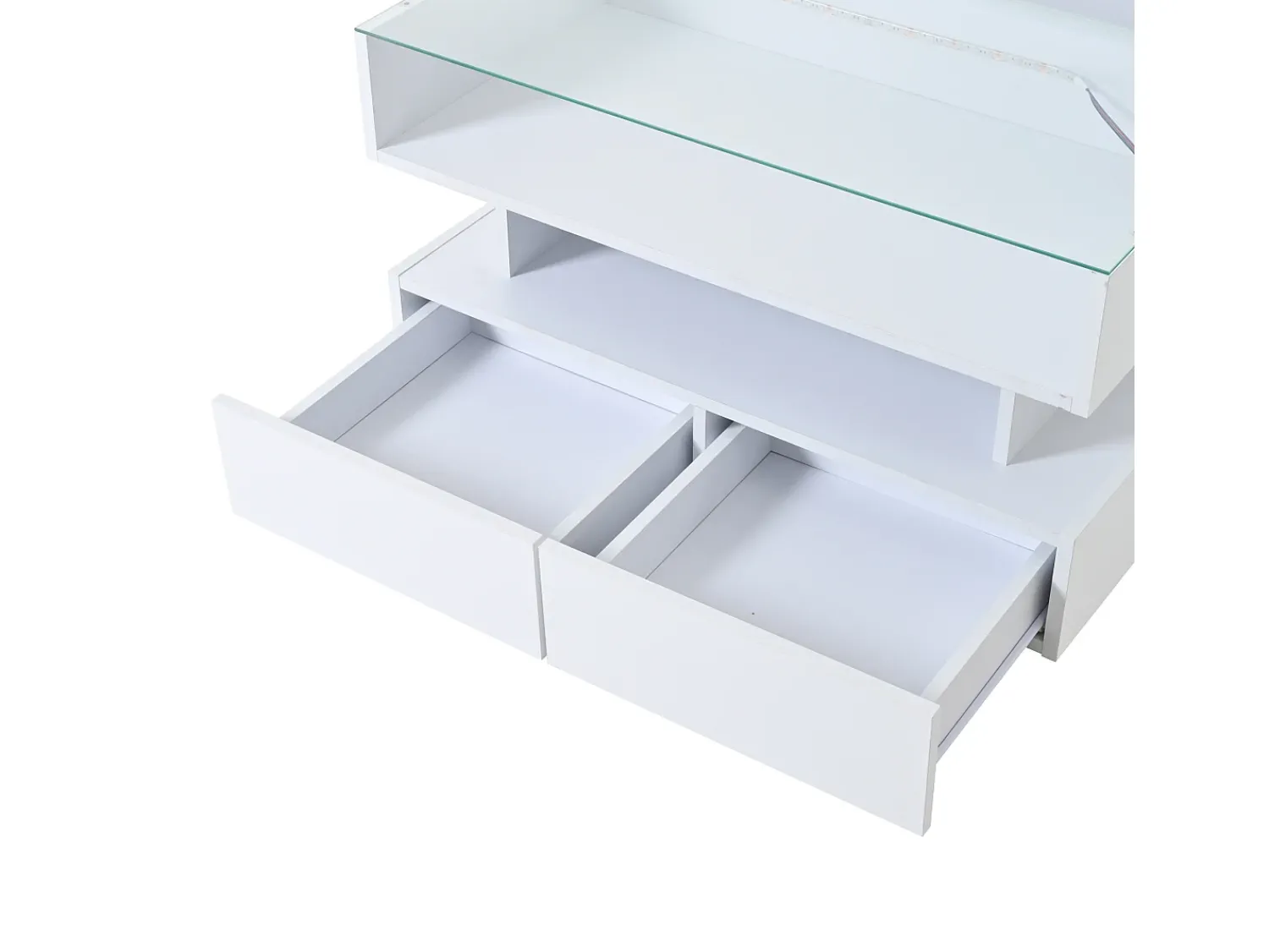 Online Hauss Spole Mesa de centro branca elevável com 2 gavetas, iluminação LED e arrumação, tampo em vidro semi-temperado Branco