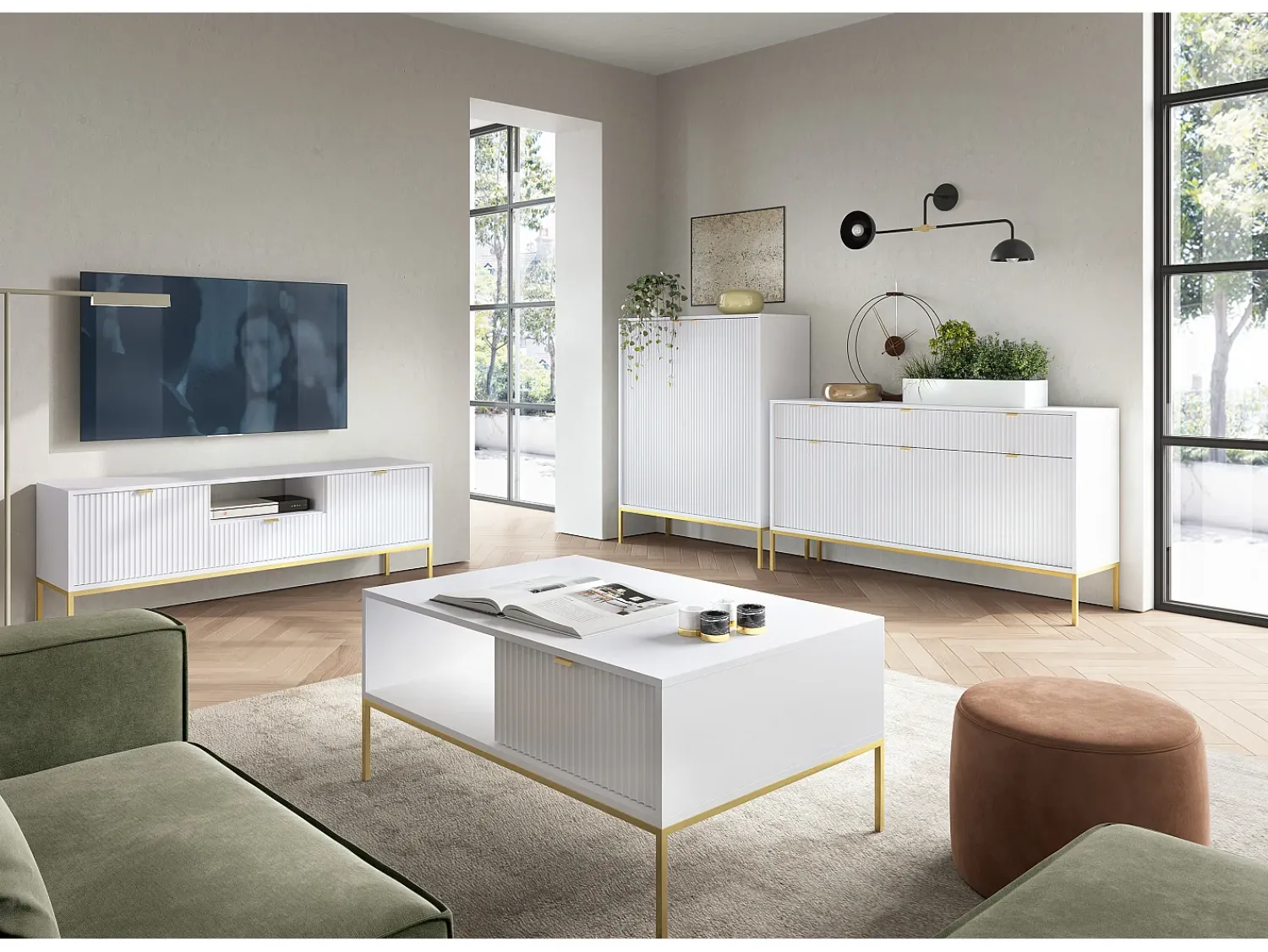 Mesa De Centro* Mesa de centro: , dourado, 104 x 46 x 68 cm, puxadores dourados Branco