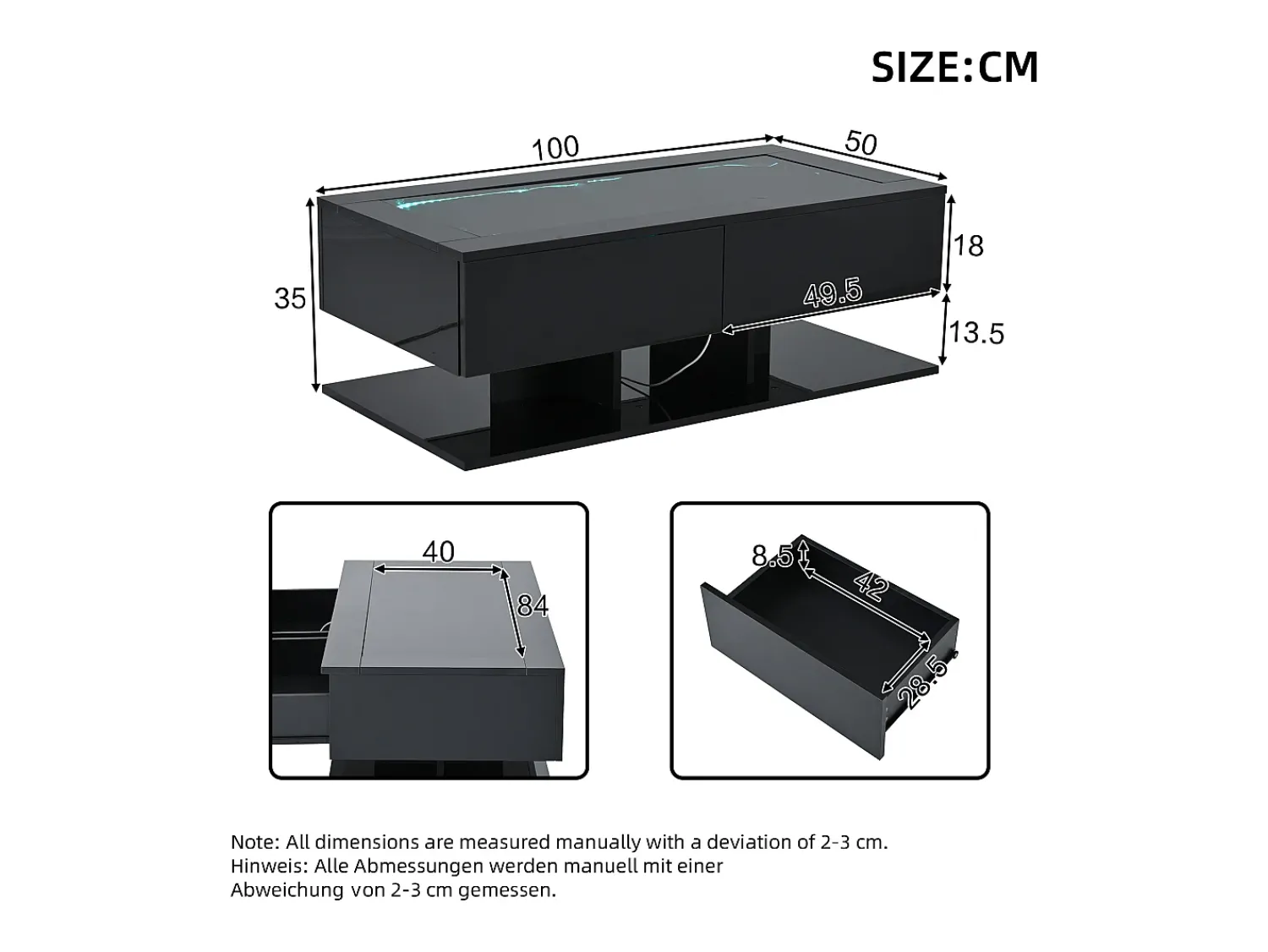 Mesa De Centro|ModernLuxe Mesa de centro brilhante 100×50×35 cm - 2 gavetas - com iluminação LED - tampo de vidro - painel de partículas - Preto