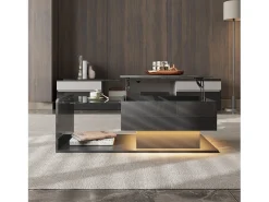 Clearance Merax Mesa de centro brilhante - 100 x 50 x 33/47,5 cm - com tampo de vidro + LEDs + armazenamento - aglomerado - Preto
