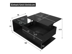 Clearance Merax Mesa de centro brilhante - 100 x 50 x 33/47,5 cm - com tampo de vidro + LEDs + armazenamento - aglomerado - Preto