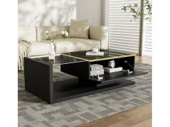 Mesa De Centro|Merax Mesa de centro brilhante - 100 x 50 x 32,5 cm - com vidro + efeito LED + armazenamento - aglomerado - Preto