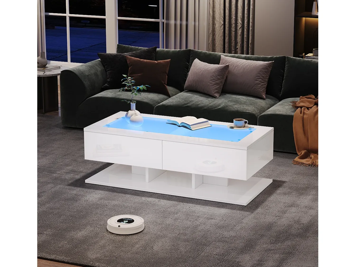 Mesa De Centro*ModernLuxe Mesa de centro brilhante 100×50×35 cm - 2 gavetas - com iluminação LED - tampo de vidro - painel de partículas - Branco