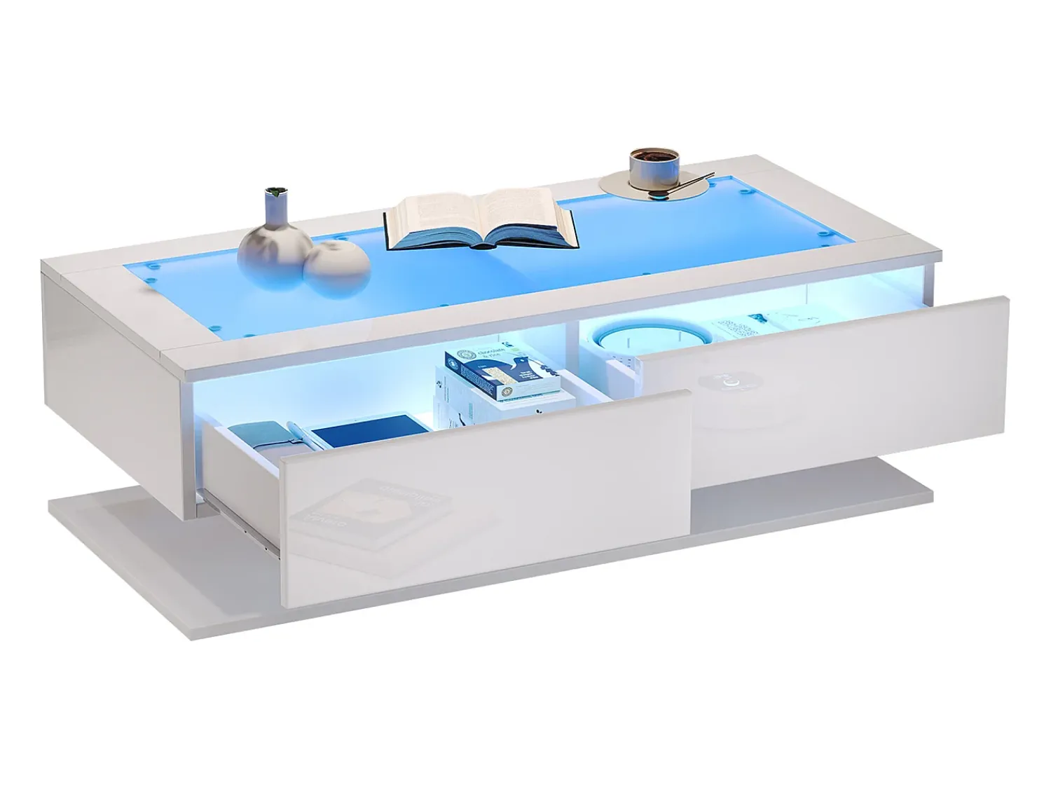 Mesa De Centro*ModernLuxe Mesa de centro brilhante 100×50×35 cm - 2 gavetas - com iluminação LED - tampo de vidro - painel de partículas - Branco