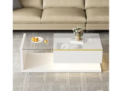 Mesa De Centro*Merax Mesa de centro brilhante - 100 x 50 x 32,5 cm - com vidro + efeito LED + armazenamento - aglomerado - Branco