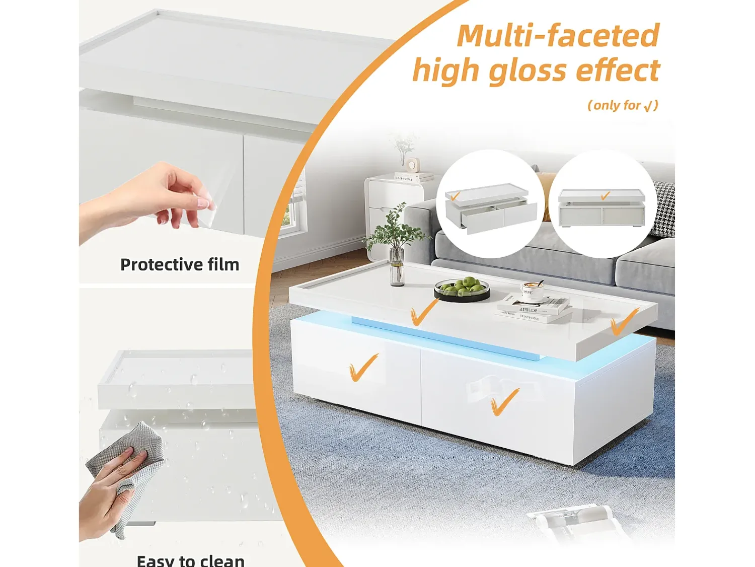 New ModernLuxe Mesa de centro brilhante 95×45×35 cm - com iluminação LED - com 2 gavetas - Painel de partículas - Branco