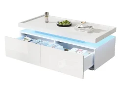 New ModernLuxe Mesa de centro brilhante 95×45×35 cm - com iluminação LED - com 2 gavetas - Painel de partículas - Branco