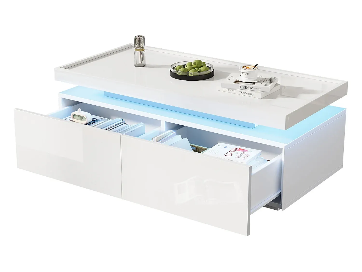 New ModernLuxe Mesa de centro brilhante 95×45×35 cm - com iluminação LED - com 2 gavetas - Painel de partículas - Branco