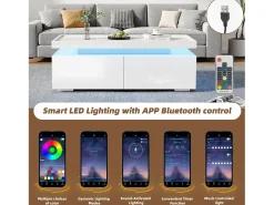 New ModernLuxe Mesa de centro brilhante 95×45×35 cm - com iluminação LED - com 2 gavetas - Painel de partículas - Branco