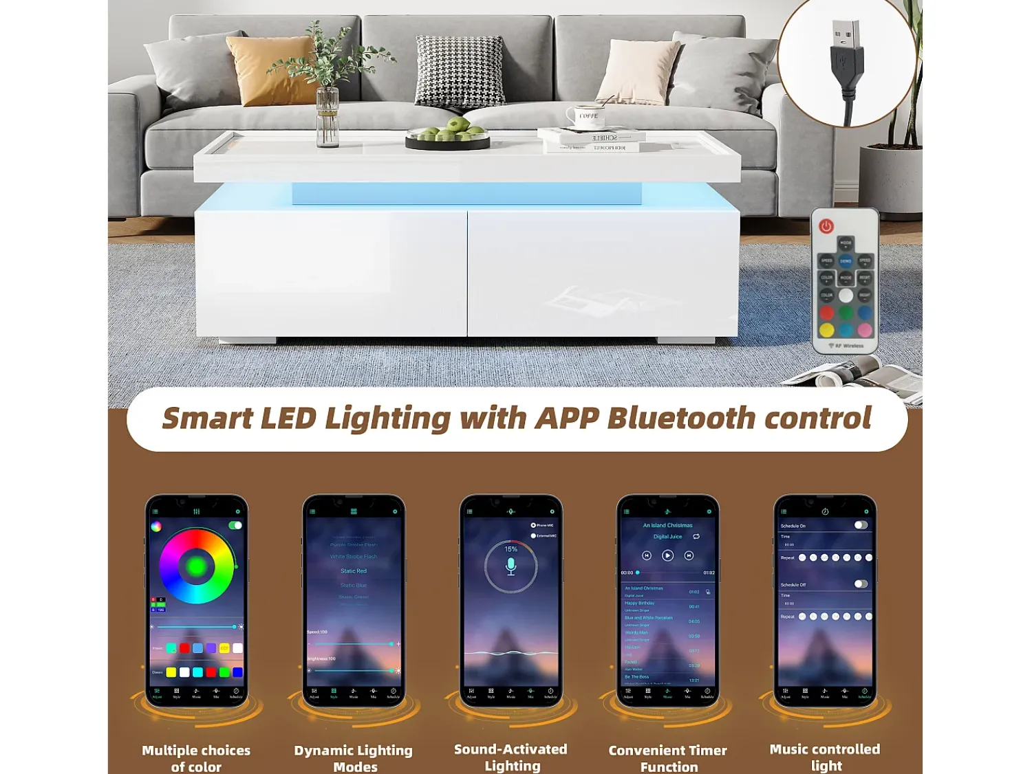 New ModernLuxe Mesa de centro brilhante 95×45×35 cm - com iluminação LED - com 2 gavetas - Painel de partículas - Branco