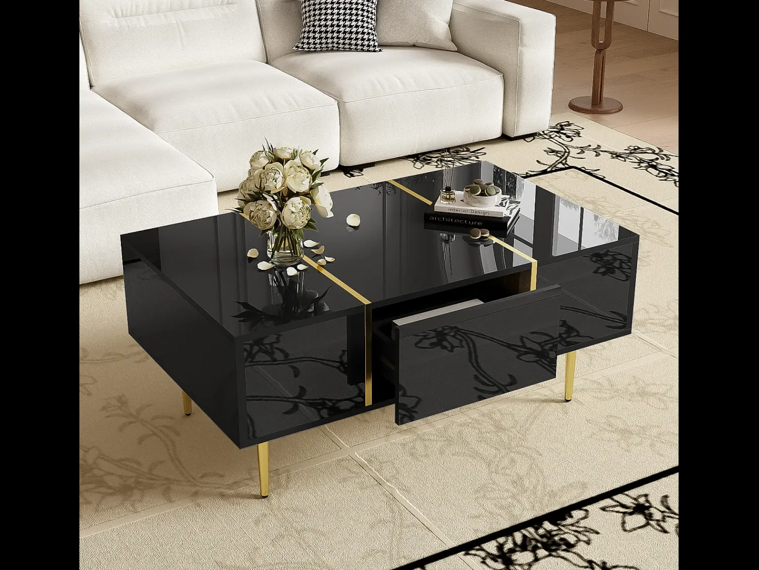 Mesa De Centro* Mesa de centro brilhante com 2 gavetas, pernas em metal, moderna e simples, mesa de sala, mesa de apoio de varanda preta Preto