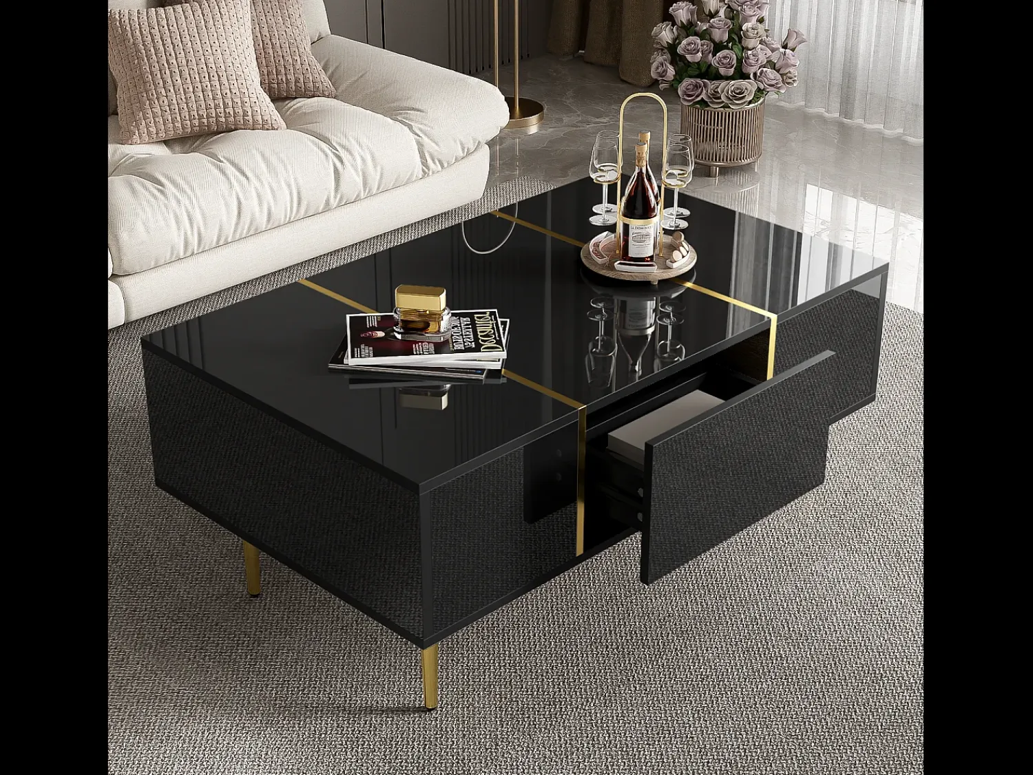 Mesa De Centro* Mesa de centro brilhante com 2 gavetas, pernas em metal, moderna e simples, mesa de sala, mesa de apoio de varanda preta Preto