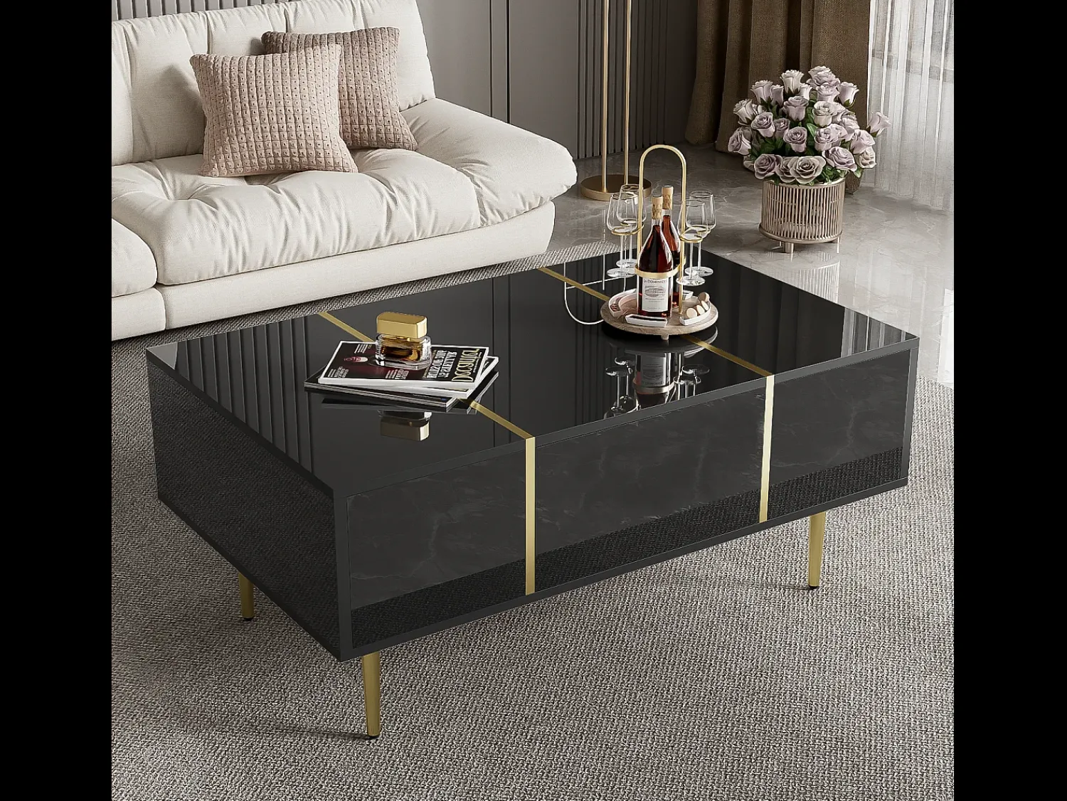 Mesa De Centro* Mesa de centro brilhante com 2 gavetas, pernas em metal, moderna e simples, mesa de sala, mesa de apoio de varanda preta Preto