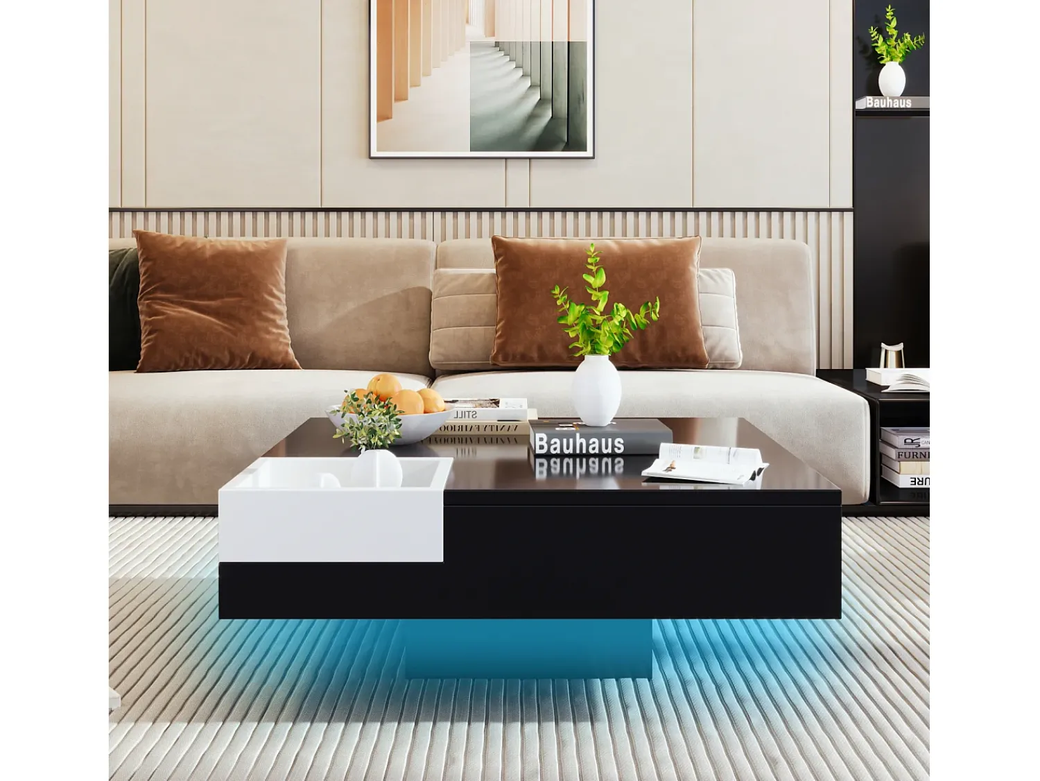 Mesa de centro brilhante com LED, mesa lateral com caixa de arrumação removível, e branco.^ Mesa De Centro