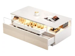 ModernLuxe Mesa de centro brilhante 90×45×35,5 cm - 2 gavetas - com iluminação LED - com vidro temperado -^ Mesa De Centro