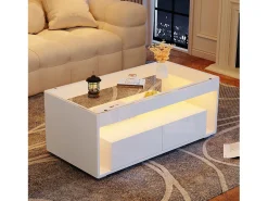 Mesa De Centro|ModernLuxe Mesa de centro brilhante 100x50x40 cm - com 2 gavetas - com iluminação LED - Tampos de vidro - Branco