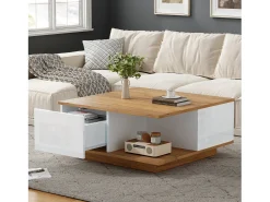 Mesa De Centro|Merax Mesa de centro brilhante - 70 x 70 x 31,5 cm - com 3 gavetas - mesa de sofá - aglomerado - Branco