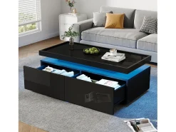 ModernLuxe Mesa de centro brilhante 95×45×35 cm - com iluminação LED - com 2 gavetas - Painel de partículas -^ Mesa De Centro