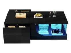 New Merax Mesa de centro brilhante - 100 x 50 x 30 cm - com 2 gavetas + LEDs - base de vidro temperado - MDF - Preto