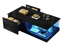 New Merax Mesa de centro brilhante - 100 x 50 x 30 cm - com 2 gavetas + LEDs - base de vidro temperado - MDF - Preto