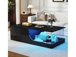 New Merax Mesa de centro brilhante - 100 x 50 x 30 cm - com 2 gavetas + LEDs - base de vidro temperado - MDF - Preto