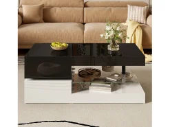 Merax Mesa de centro brilhante - 90 x 45 x 35,5 cm - com LEDs + prateleira de vidro - aglomerado - preto + branco^ Mesa De Centro