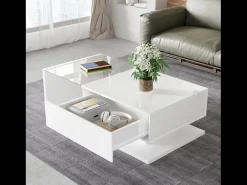 Mesa De Centro*Merax Mesa de centro brilhante - 105 x 55 x 32,5 cm - Mesas laterais com vidro + LEDs + 1 gaveta - aglomerado - Branco