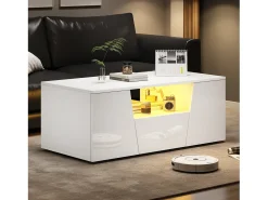 Hot Merax Mesa de centro brilhante - 100 x 50 x 40 cm - com LEDs + 2 portas + 1 gaveta - aglomerado - Branco