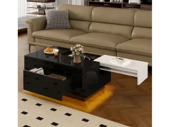 Mesa De Centro*Merax Mesa de centro brilhante - 80 x 50 x 35,5 cm - tampo extensível + 1 gaveta + LEDs - MDF - Preto