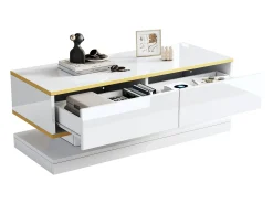 Mesa De Centro|ModernLuxe Mesa de centro brilhante 100×50×38 cm - 2 gavetas - acabamento dourado - painel de partículas - Branco