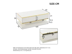 Mesa De Centro|ModernLuxe Mesa de centro brilhante 100×50×38 cm - 2 gavetas - acabamento dourado - painel de partículas - Branco