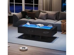 Discount Merax Mesa de centro brilhante - 100 x 50 x 35 cm - com 2 gavetas + LEDs - tampo de vidro - aglomerado - Preto