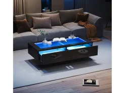 Discount Merax Mesa de centro brilhante - 100 x 50 x 35 cm - com 2 gavetas + LEDs - tampo de vidro - aglomerado - Preto