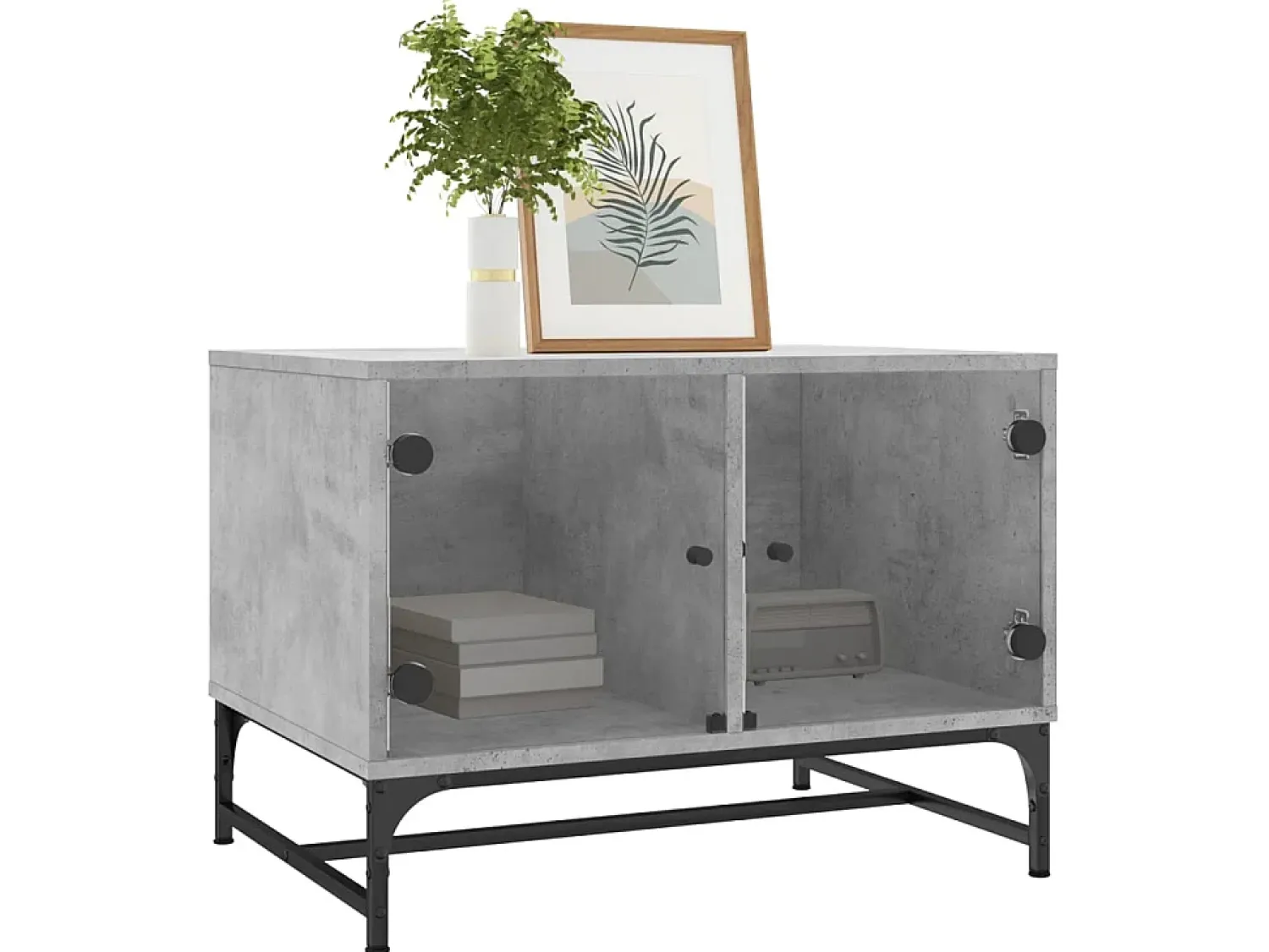 Mesa de centro c/ portas de vidro 68,5x50x50 cm cinza cimento PT781413^ Mesa De Centro