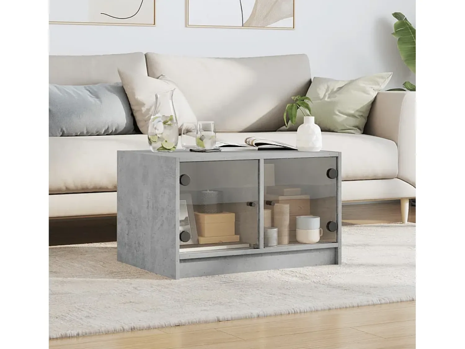 Mesa De Centro* Mesa de centro c/ portas de vidro 68x50x42 cm cinza cimento PT469069 Cinzento