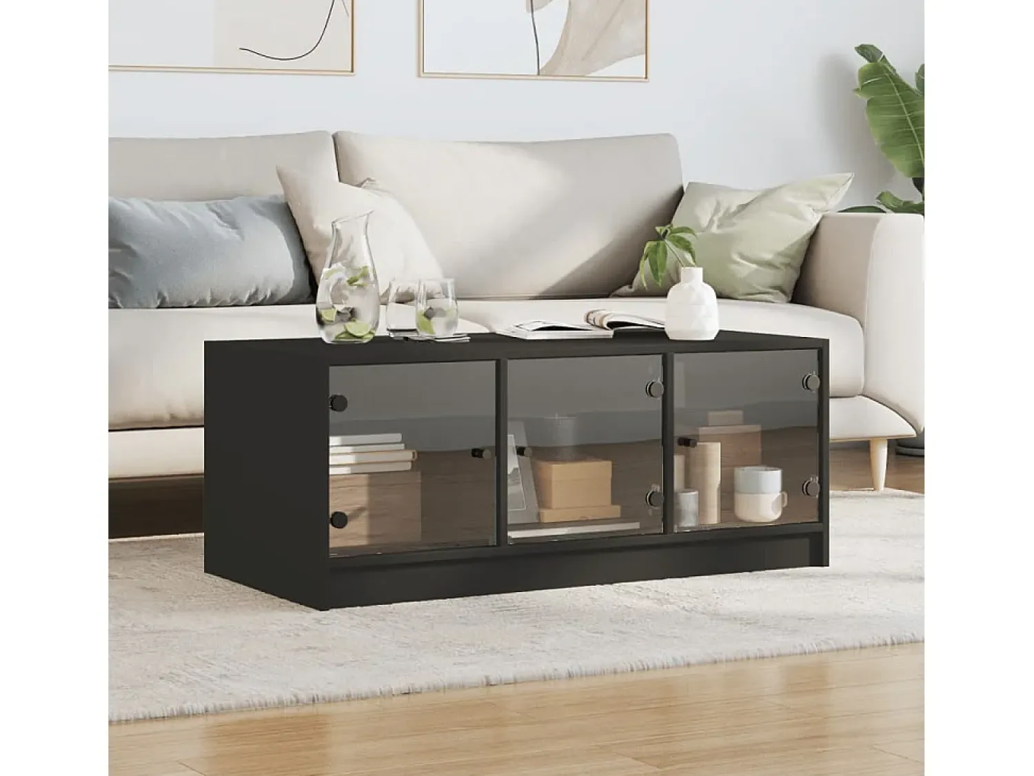 Mesa De Centro| Mesa de centro c/ portas de vidro 102x50x42 cm PT138006 Preto