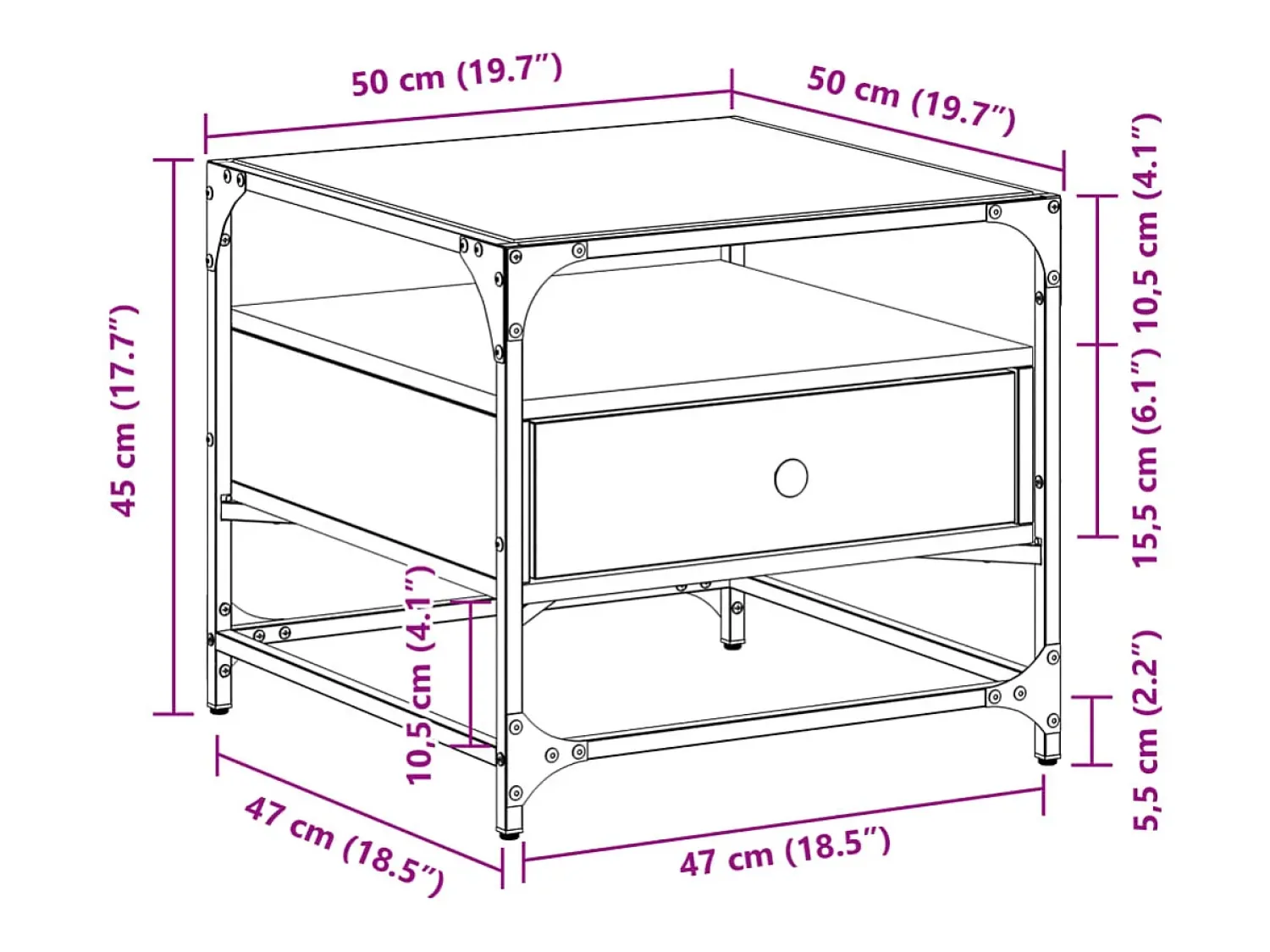 Outlet vidaxl Mesa de centro c/ topo de vidro 50x50x45 cm carvalho fumado aço Natural claro