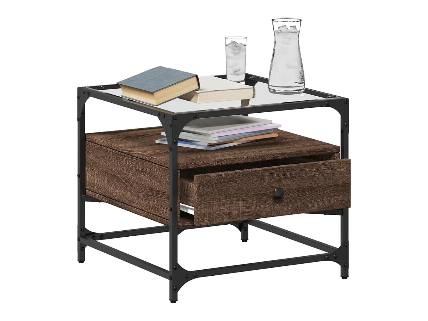 Mesa De Centro* Mesa de centro c/ topo vidro 50x50x45 cm carvalho aço PT436355 Castanho