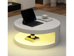 Mesa De Centro|ModernLuxe Mesa de centro cilíndrica rotativa 70×70×35,5 cm - Tampos giratórios 360° - com iluminação LED - Branco